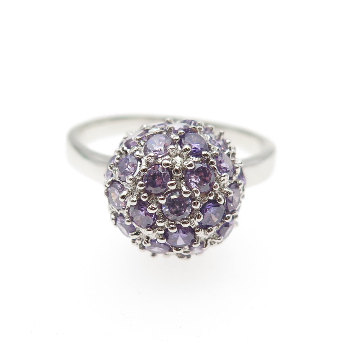 925 Sterling Silver Round-Cut Purple & White C Z Ball Ring Size 8