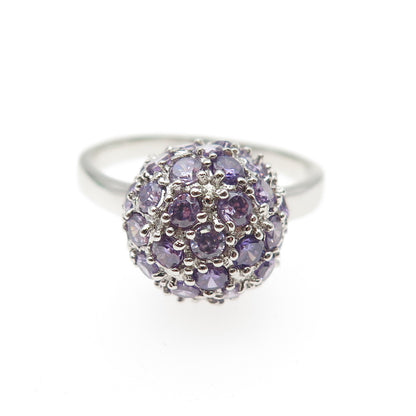 925 Sterling Silver Round-Cut Purple & White C Z Ball Ring Size 8