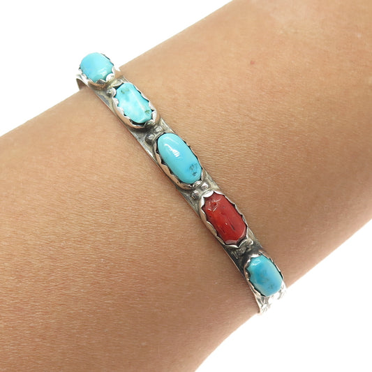 ANGELITA CHEAMA ZUNI Old Pawn Sterling Turquoise Coral Adjustable Bracelet 6.5"