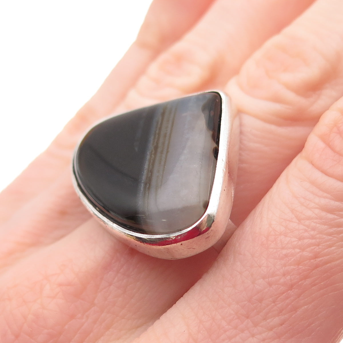 925 Sterling Silver Vintage Real Black Agate Modernist Ring Size 5.5