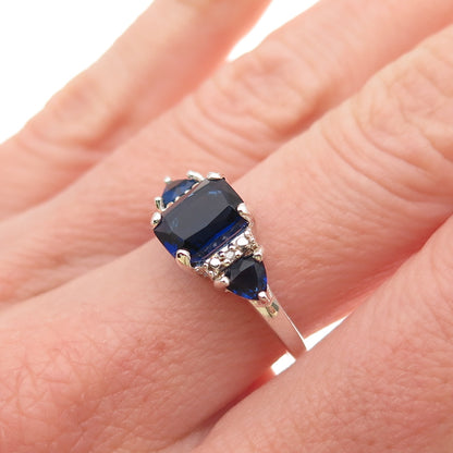 925 Sterling Silver Real Round-Cut Diamond & Blue C Z Ring Size 6.75