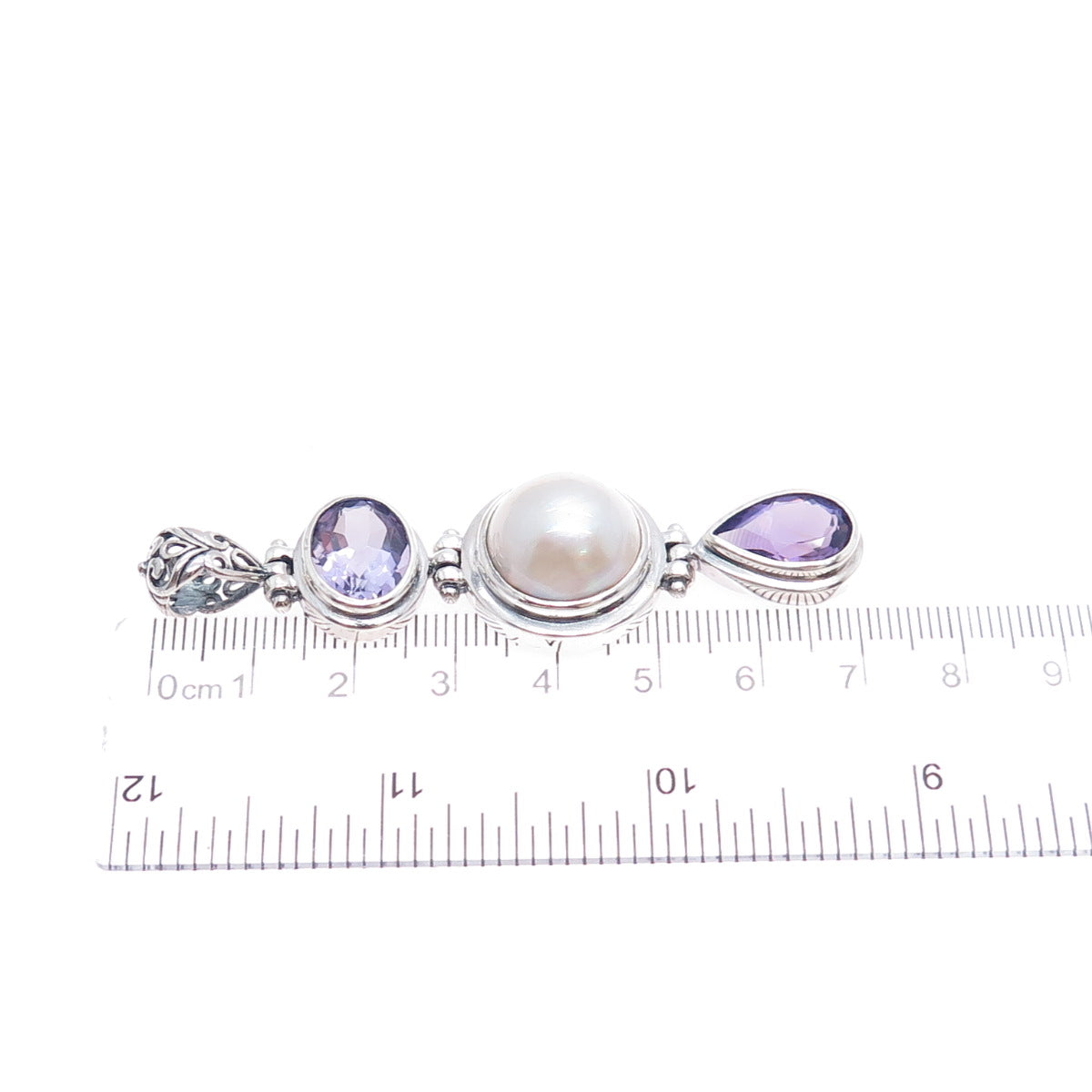 CHAPAL ZENRAY 925 Sterling Silver Vintage Real Amethyst & Pearl Oxidized Pendant