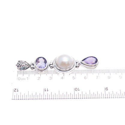 CHAPAL ZENRAY 925 Sterling Silver Vintage Real Amethyst & Pearl Oxidized Pendant