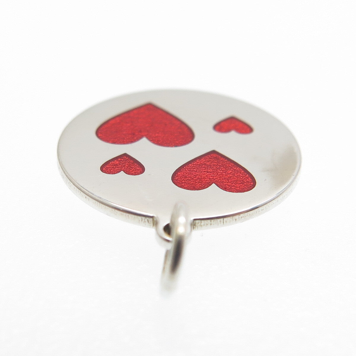 925 Sterling Silver Red Enamel Family Heart Round Tag Minimalist Charm Pendant