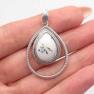 925 Sterling Silver Vintage Real Dendritic Agate Gem Teardrop Pendant