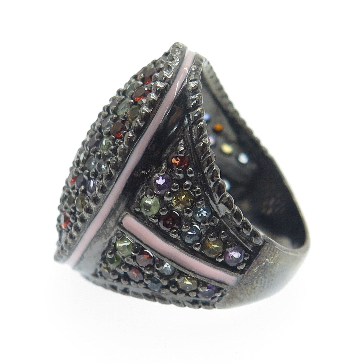 925 Sterling Silver Black Rhodium Enamel Real Multi-Color Sapphire Ring Size 7