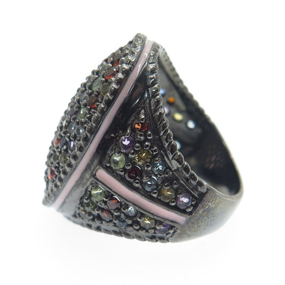 925 Sterling Silver Black Rhodium Enamel Real Multi-Color Sapphire Ring Size 7