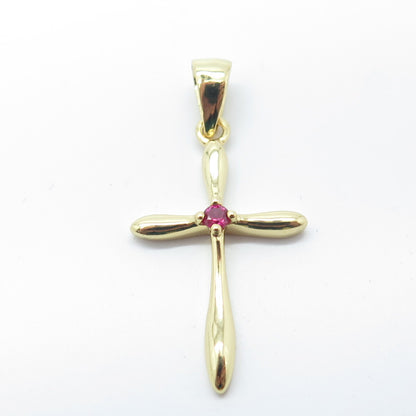 HAN 925 Sterling Silver Gold Plated Pink C Z Cross Pendant