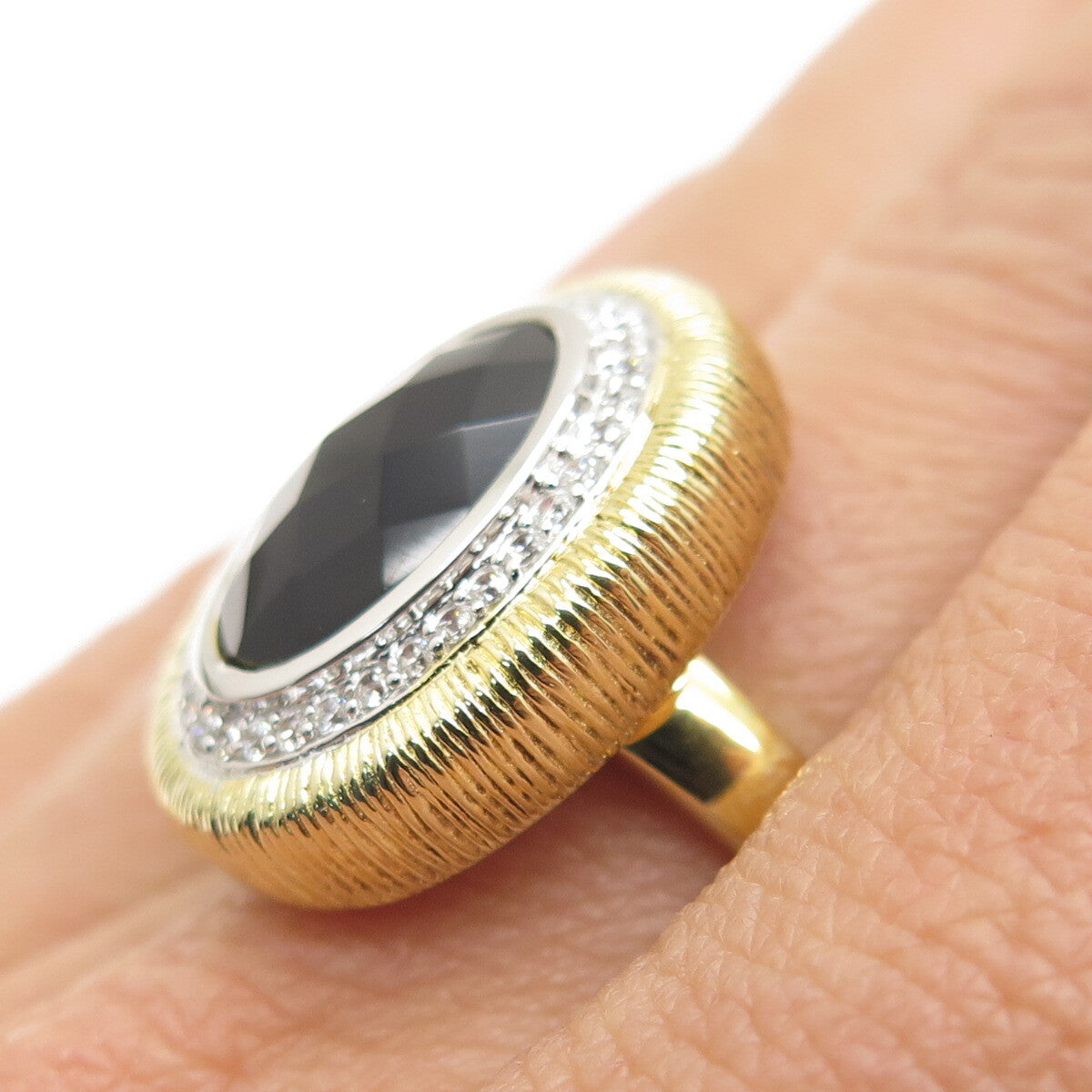 FADI 925 Sterling Silver 2-Tone Real Black Onyx & C Z Ring Size 7