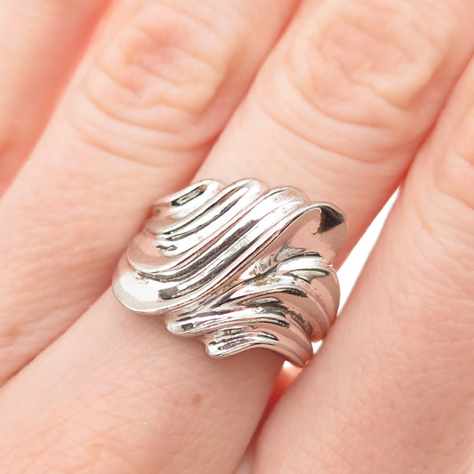 925 Sterling Silver Vintage Modernist Wavy Oxidized Ring Size 6.75