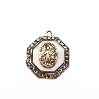 925 Sterling 2-Tone Antique Art Deco Real MOP & Marcasite St. Mary Mini Pendant