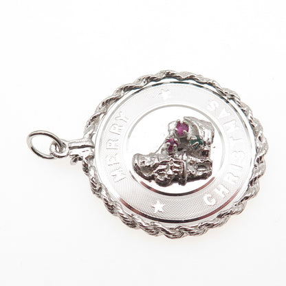 925 Sterling Silver Vintage Rhinestone Santa Merry Christmas Charm Pendant