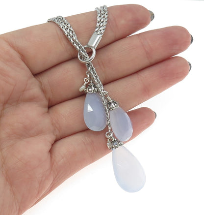 MATALI 925 Sterling Silver Vintage Italy Chalcedony & Pearl Lariat Necklace 18"