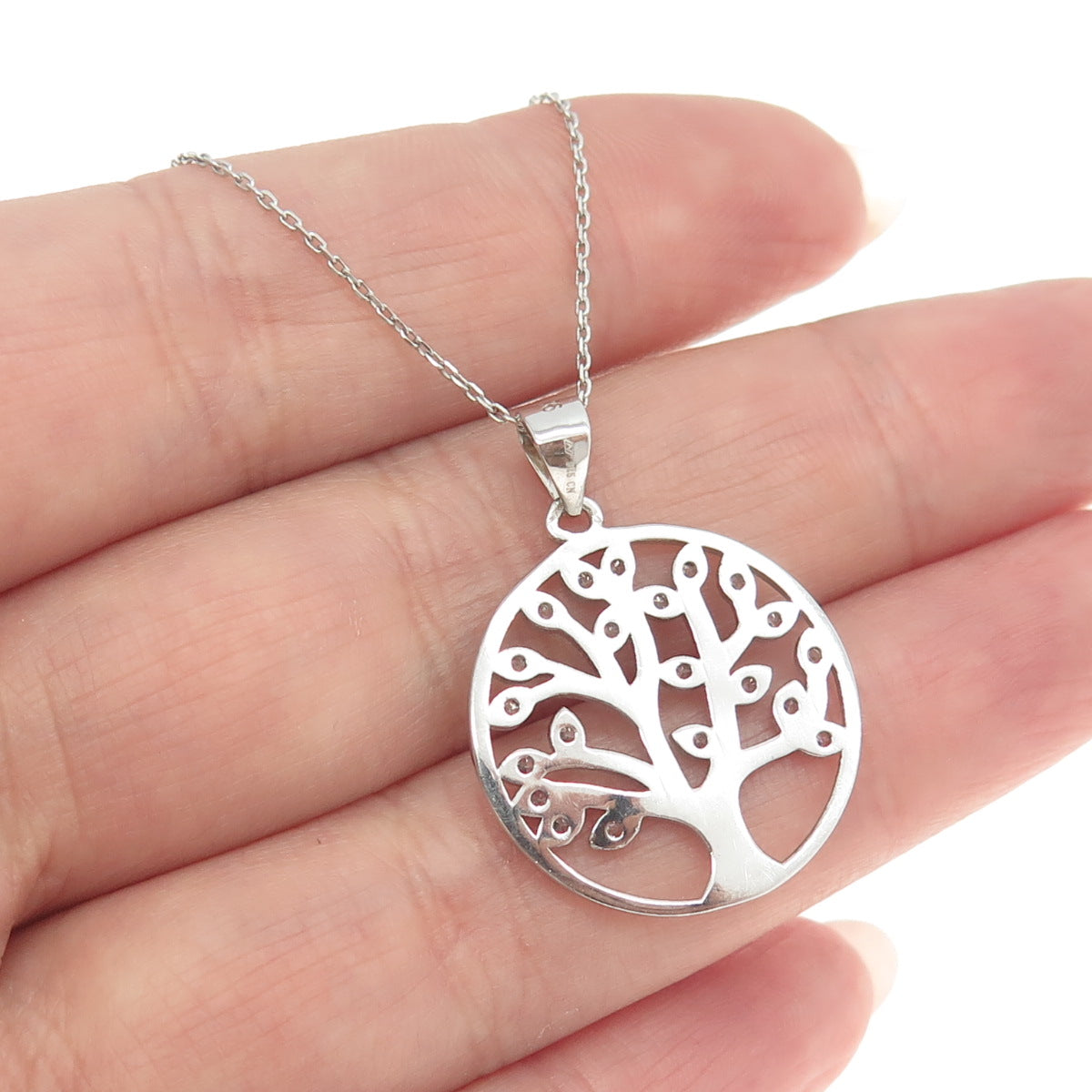 925 Sterling Silver C Z Tree of Life Cable Chain Necklace 18"