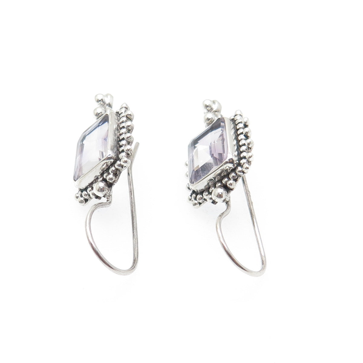 925 Sterling Silver Vintage Real Emerald-Cut Amethyst Granulated Dangle Earrings