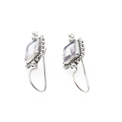 925 Sterling Silver Vintage Real Emerald-Cut Amethyst Granulated Dangle Earrings