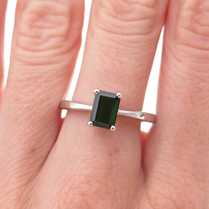 925 Sterling Silver Real Emerald-Cut Chrome Diopside Ring Size 8