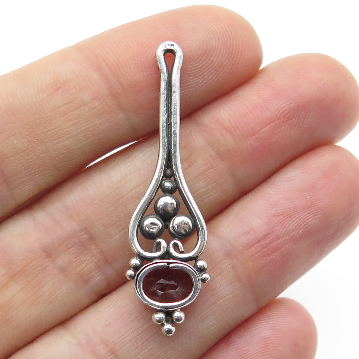 925 Sterling Silver Vintage Real Red Garnet Floral Blossom Drop Pendant