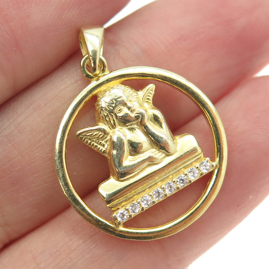 925 Sterling Silver Gold Plated Round-Cut C Z Cherub Pendant