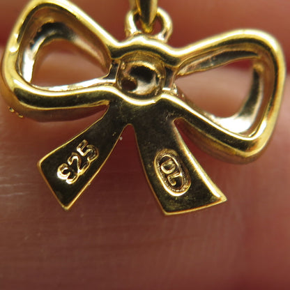 925 Sterling Silver Gold Plated Real Diamond Accent Bow Cable Chain Necklace 18"