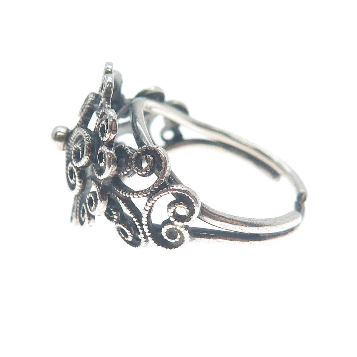 BEAU 925 Sterling Silver Vintage Swirl Oxidized Adjustable Ring Size 6.75