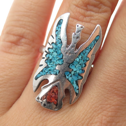 JERRY COWBOY Old Pawn 925 Sterling Turquoise Coral Inlay Peyote Ring Size 6.25