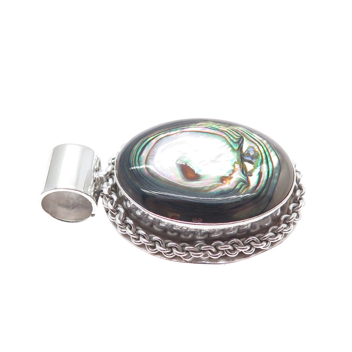 925 Sterling Silver Vintage Mexico Real Abalone Shell Oxidized Charm Pendant