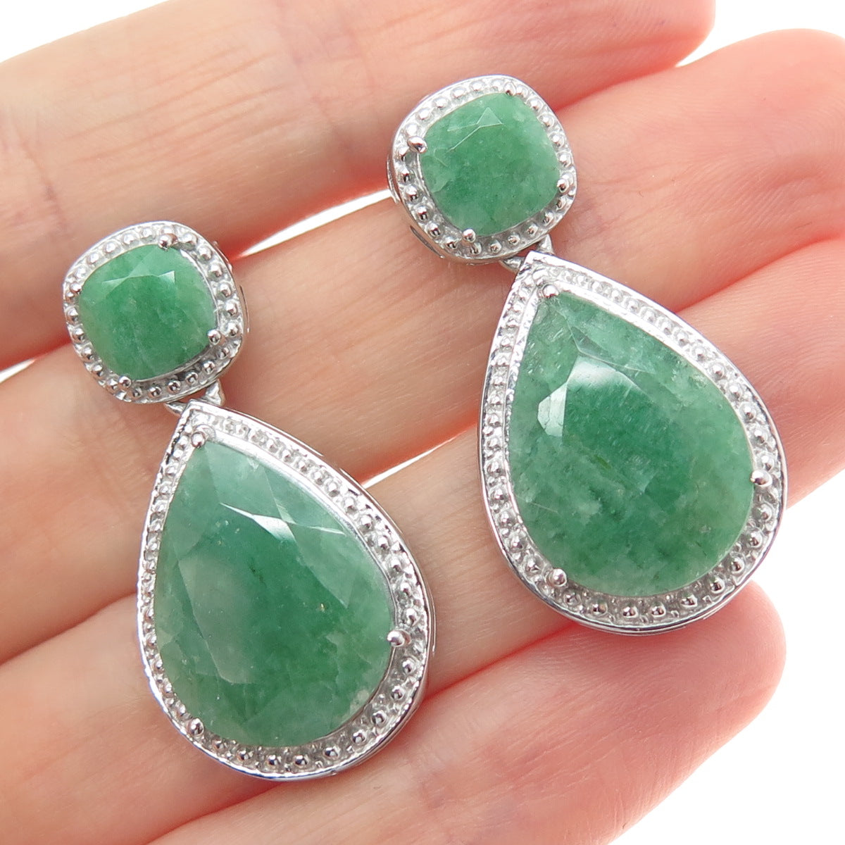 925 Sterling Silver Real Cushion & Pear-Cut Emerald Teardrop Dangle Earrings
