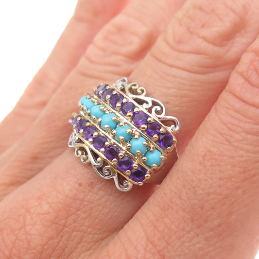 Chuck Clemency 925 Sterling Silver 2-Tone Real Turquoise Amethyst Ring Size 7.25