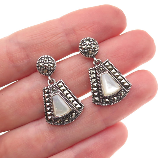 925 Sterling Silver Vintage Real MOP & Marcasite Oxidized Dangle Earrings