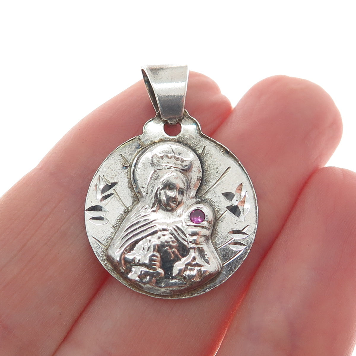 925 Sterling Silver Vintage Real Ruby St. Barbara Religious Charm Pendant