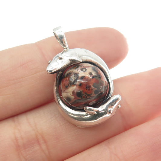 925 Sterling Silver Vintage Real Jasper Dolphins Bypass Ball Charm Pendant