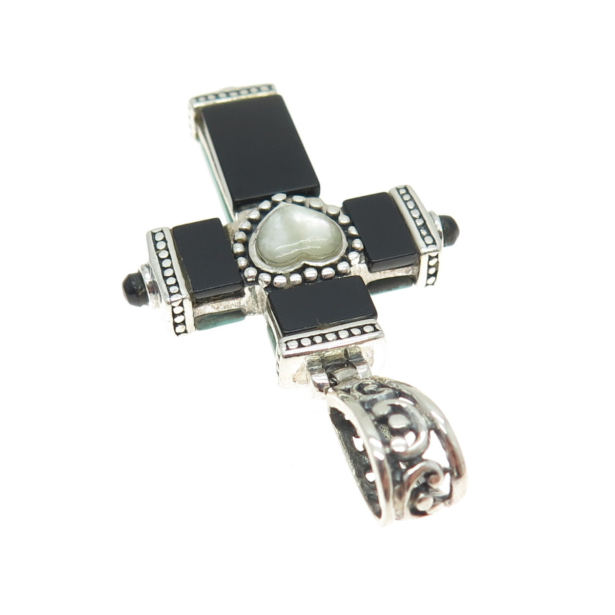 925 Sterling Silver Vintage MOP Black Onyx Turquoise Cross Dual Sided Pendant