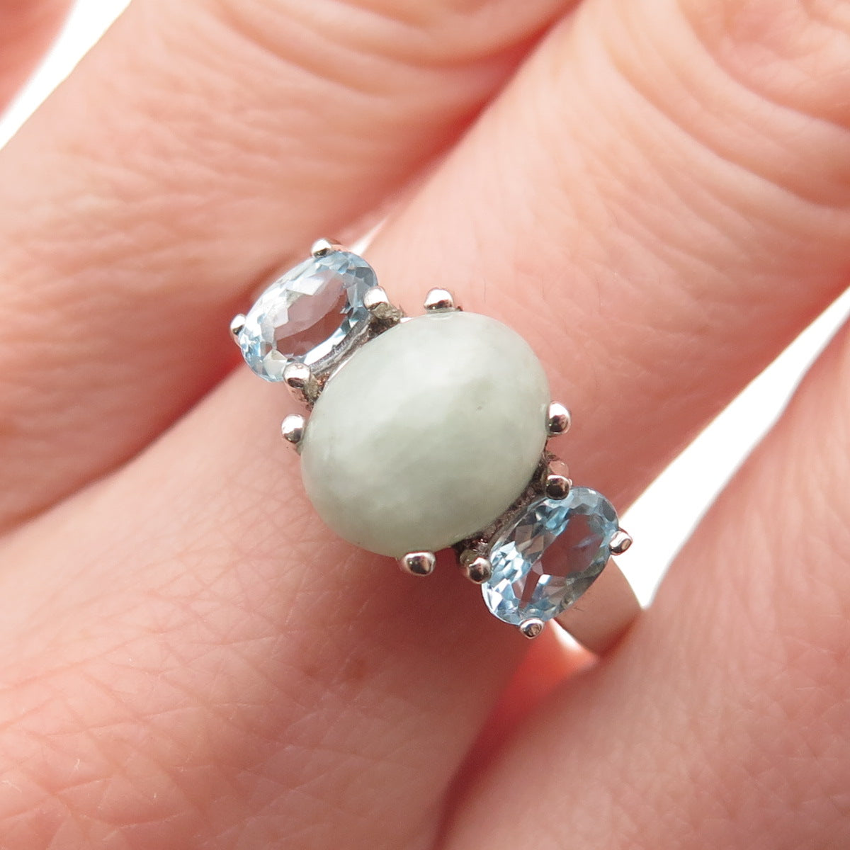 AVON 925 Sterling Silver Vintage Real Jade & Blue Topaz Ring Size 10