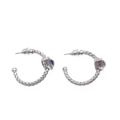 925 Sterling Silver Real Diamond & Enamel Evil Eye Wicker Half Hoop Earrings