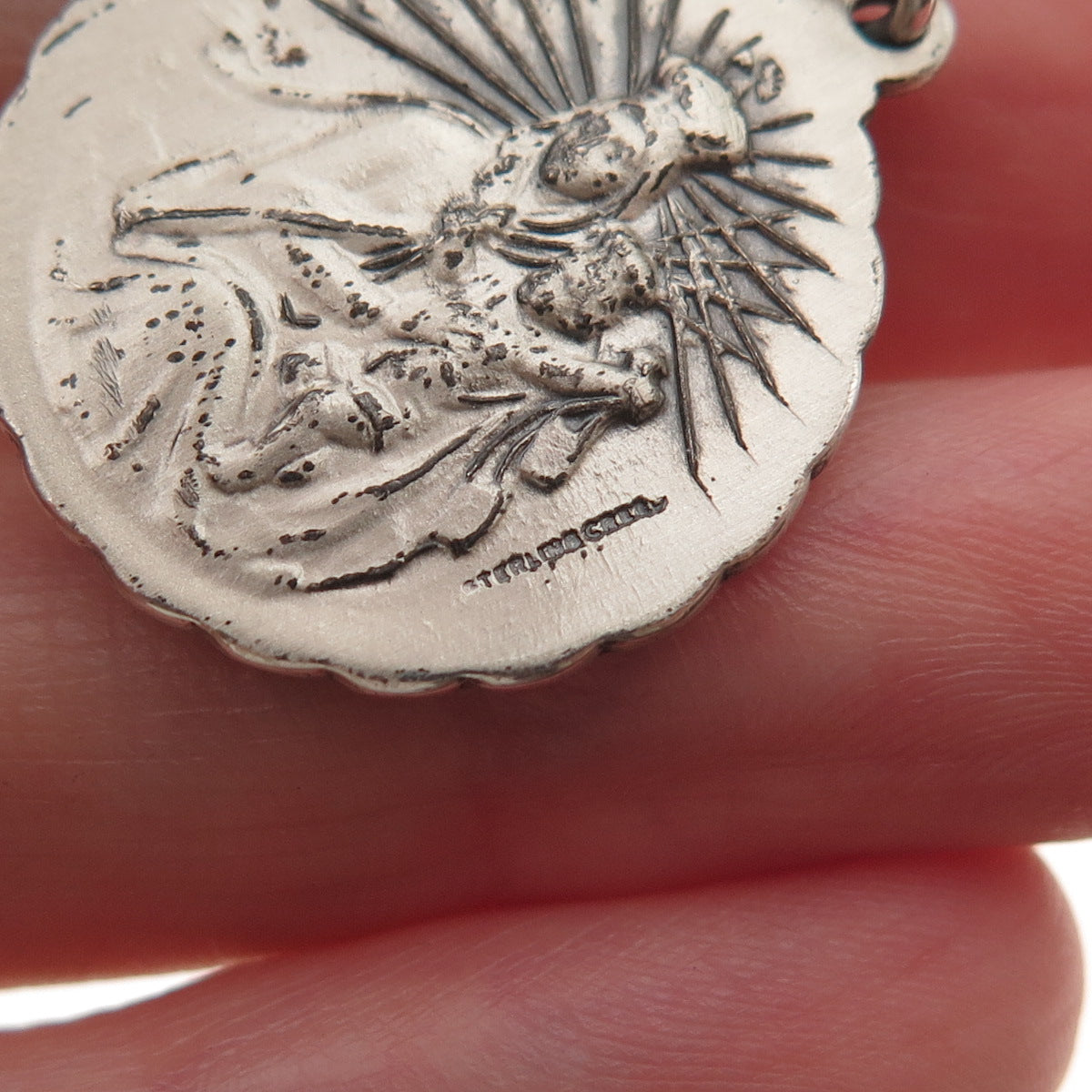 Creed Sterling Silver Antique Art Deco Jesus & St. Mary Oxidized Charm Pendant