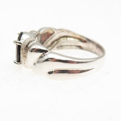 925 Sterling Silver Vintage Real Oval-Cut Red Garnet Modernist Ring Size 9