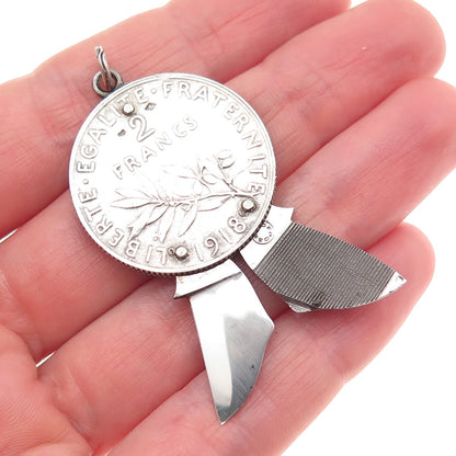 Eloi Pernet 835 Silver Antique 1918 France 2 Francs Coin Pocket Knife Pendant