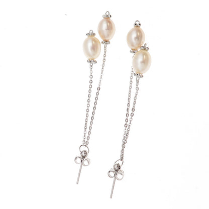 925 Sterling Silver Vintage Real Pearl Chain Drop Dangle Earrings