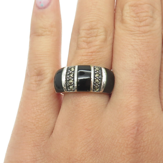 925 Sterling Silver Vintage Real Black Onyx & Marcasite Gemstone Ring Size 7.5