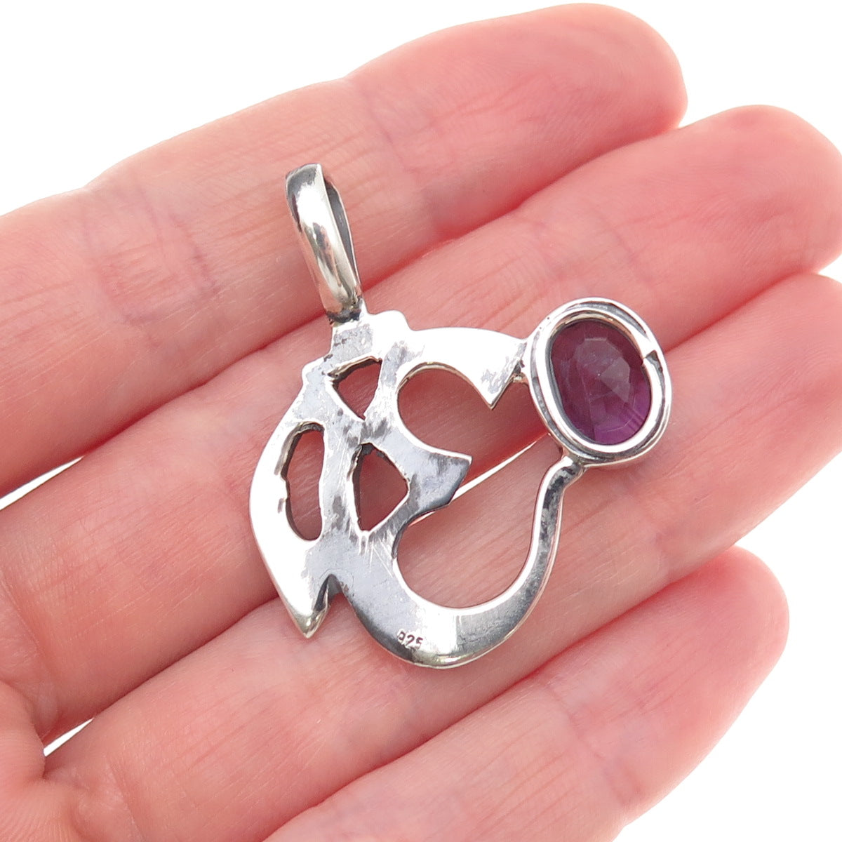 925 Sterling Silver Vintage Real Oval-Cut Amethyst Om Mantra Charm Pendant