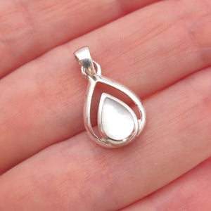 925 Sterling Silver Vintage Real MOP Teardrop Oxidized Charm Pendant