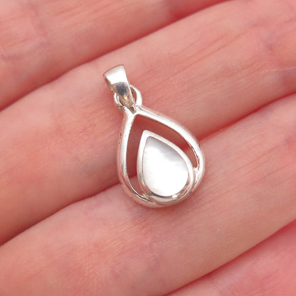 925 Sterling Silver Vintage Real MOP Teardrop Oxidized Charm Pendant
