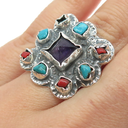 925 Sterling Silver Vintage Mexico Multi-Gem Ring Size 6.25 (missing 1 stone)