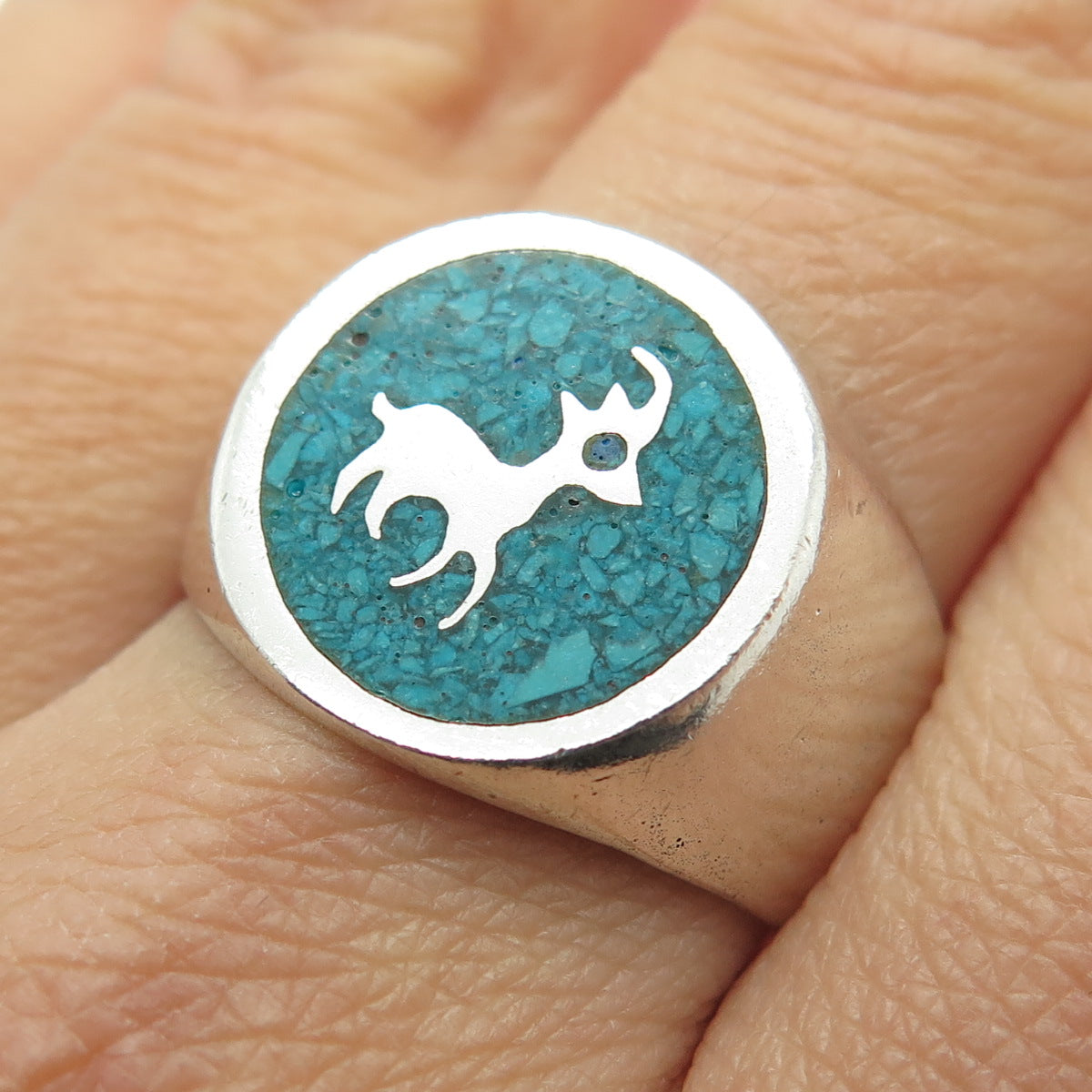 925 Sterling Silver Vintage Mexico Real Turquoise Inlay Goat Ring Size 10.75