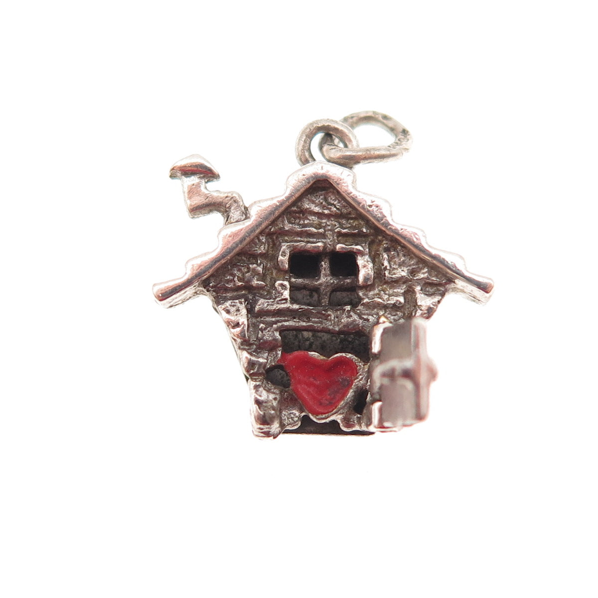925 Sterling Silver Vintage Enamel Cabin Heart Oxidized Mini Open Charm Pendant