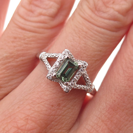925 Sterling Silver Real Green Tourmaline & C Z Ring Size 7.25