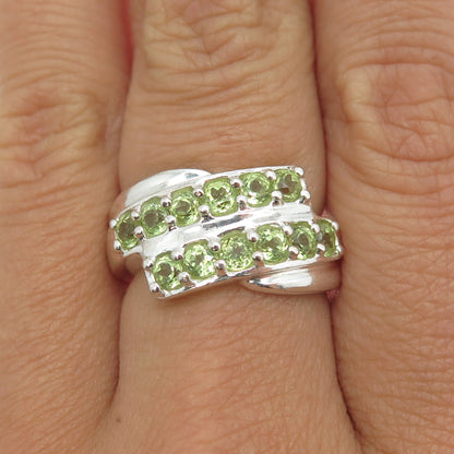 925 Sterling Silver Real Round-Cut Peridot Bypass Bar Ring Size 7.25