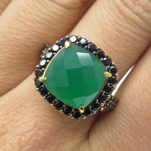 925 Sterling Silver Gold Plated Real Green Onyx & Black Spinel Ring Size 7.25