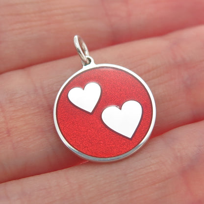 925 Sterling Silver Red Enamel Couple Heart Round Tag Minimalist Charm Pendant